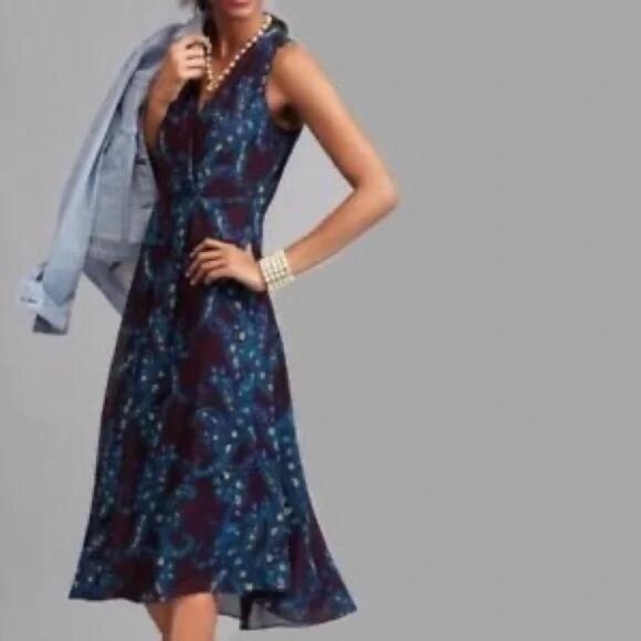 CAbi Treasure Midi Dress Size 8 Purple Blue Paisley Chiffon Sleeveless - Picture 2 of 10